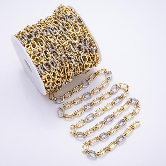 Two tone 15mm Gold Filled Paperclip Unfinished Chain by Yard Wholesale Bulk Mixed Metal Micro Pave DIY Jewelry Making Supply | Roll-1872