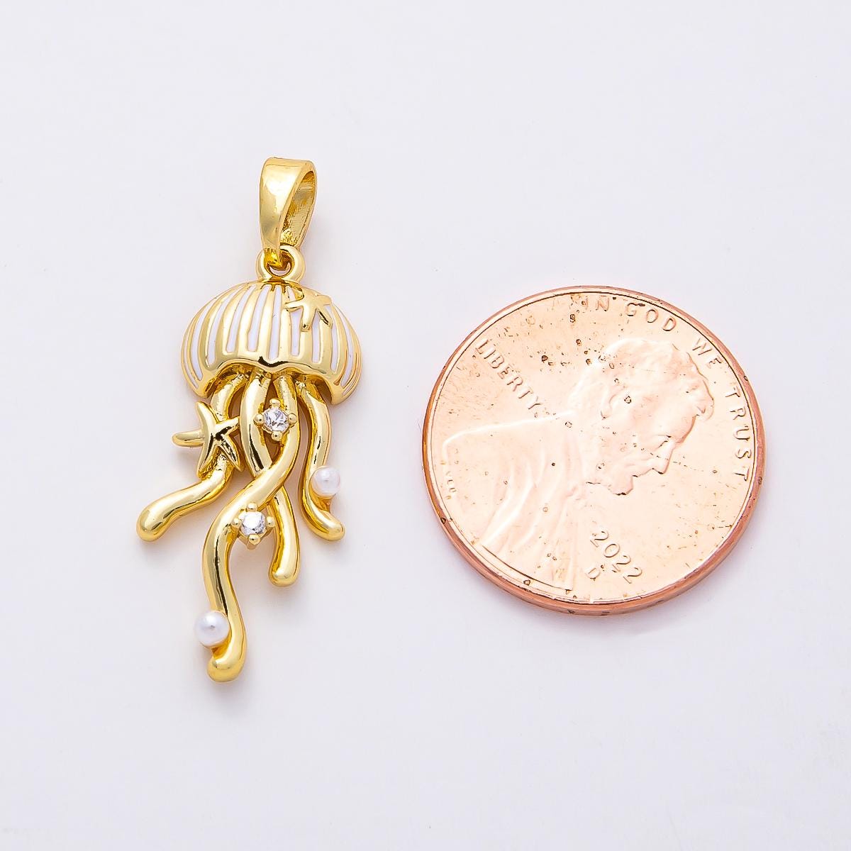 16k Gold Filled 26mm Jellyfish Pendant with Pearls and CZ crystals Ocean Themed Jewelry Supply for custom Necklace Bracelet | CHARMS-00845