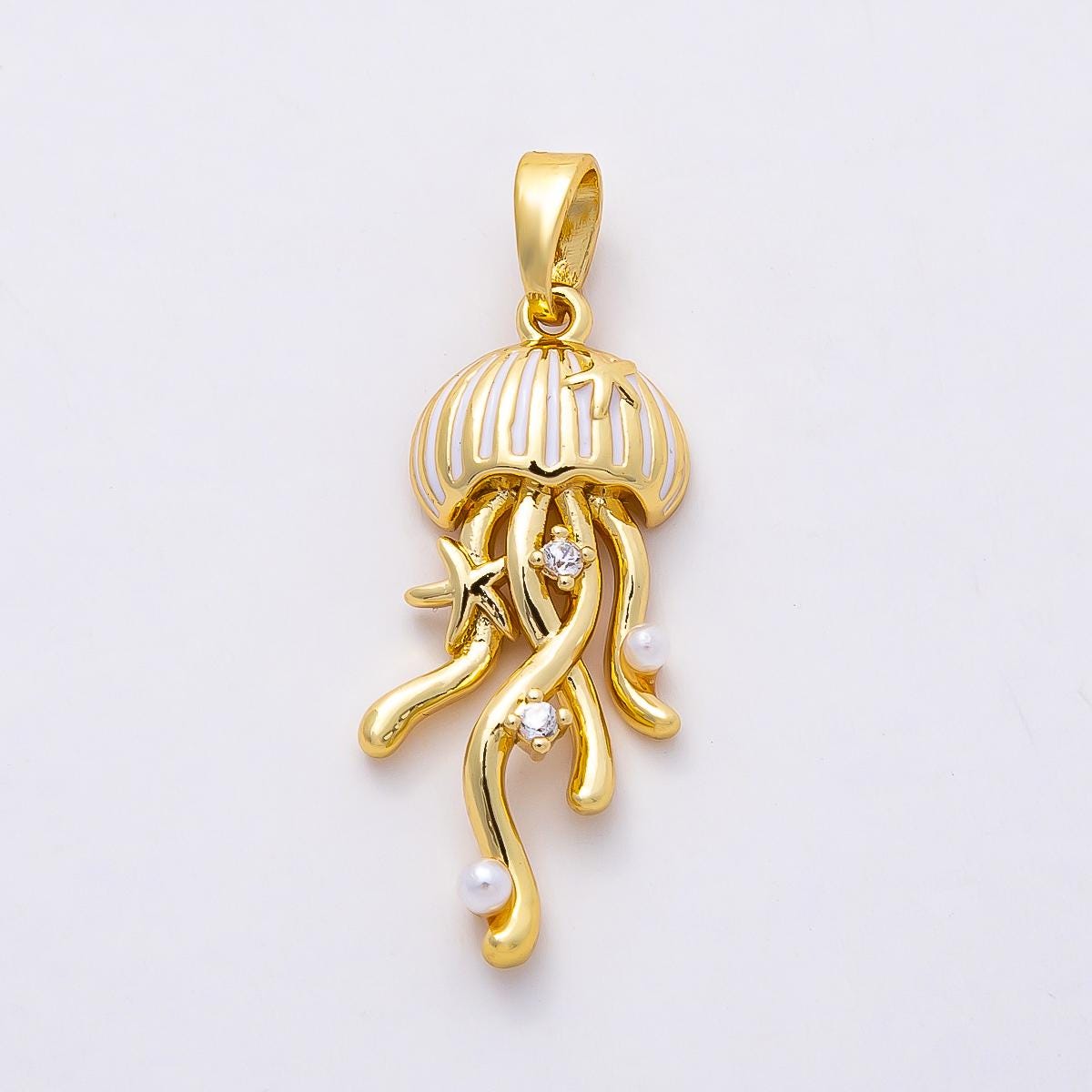 16k Gold Filled 26mm Jellyfish Pendant with Pearls and CZ crystals Ocean Themed Jewelry Supply for custom Necklace Bracelet | CHARMS-00845