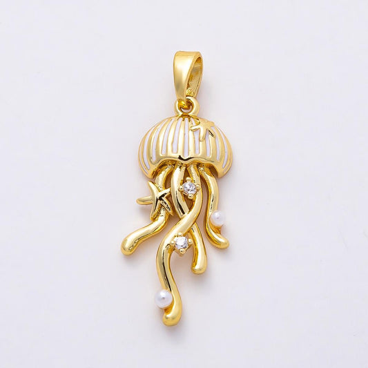 16k Gold Filled 26mm Jellyfish Pendant with Pearls and CZ crystals Ocean Themed Jewelry Supply for custom Necklace Bracelet | CHARMS-00845