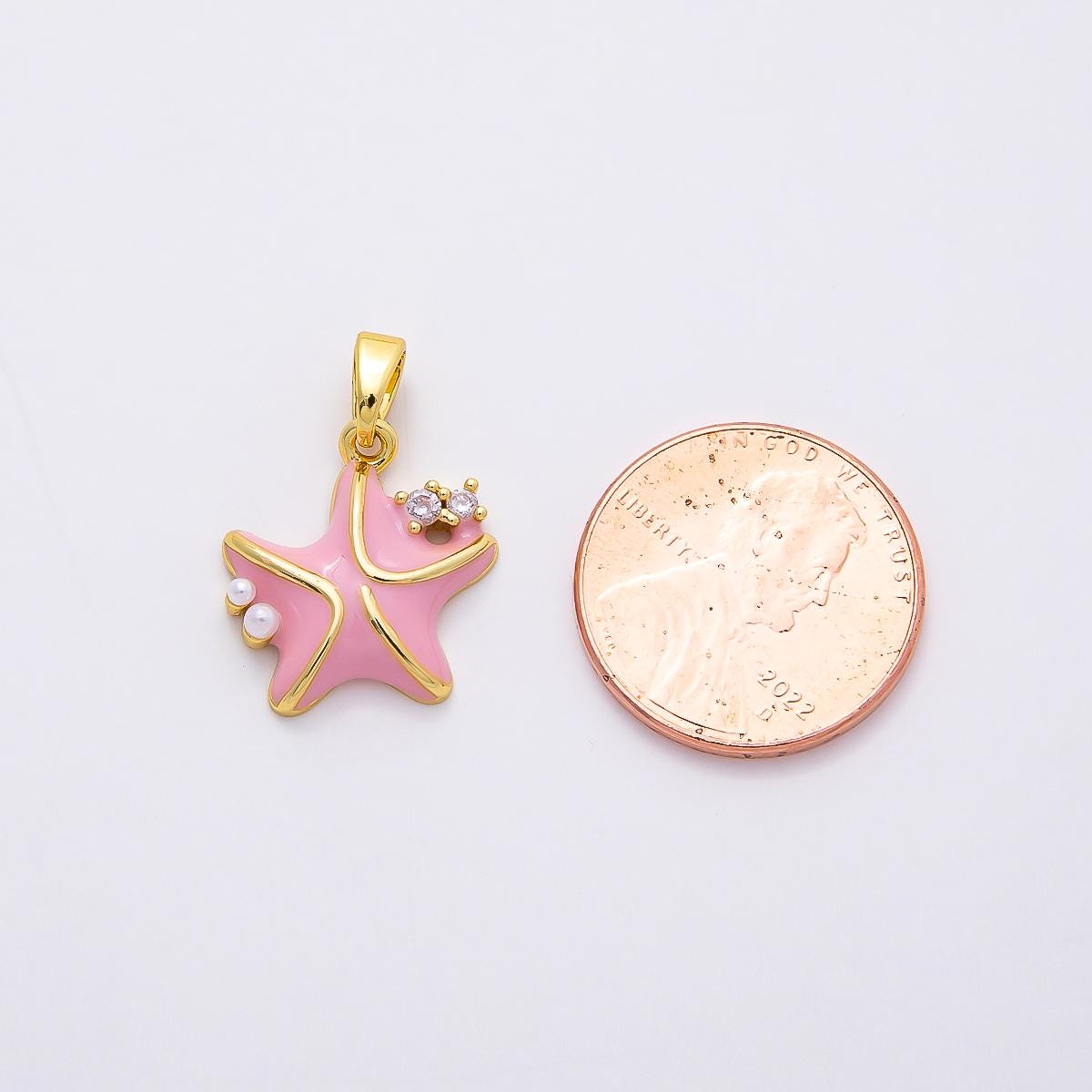 16k Gold Filled 16mm Pink Enamel Starfish Pendant Pearl and Crystal Sea Star Charm for Beach Themed Necklace Bracelet Jewelry | CHARMS-00846
