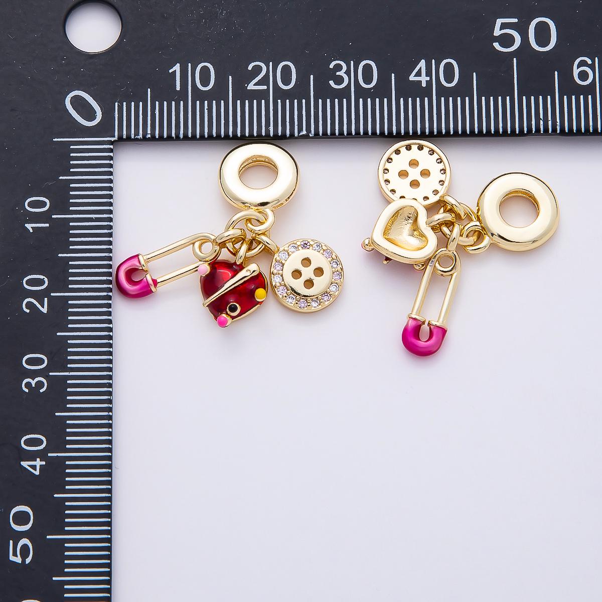 16k Gold Filled 29mm Sewing Themed Charm for Bracelet Safety Pin Heart and Button Bead Crafting Hobby Jewelry Making Supply | CHARMS-00853