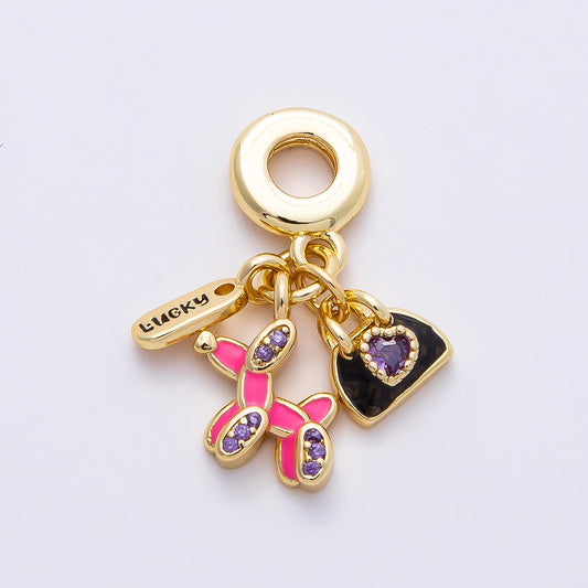 16k Gold Filled 29mm Balloon Dog Charm for Bracelet Lucky Word Tag with Pink Enamel Purse Bead Crystal Fashion Jewelry Supply | CHARMS-00854