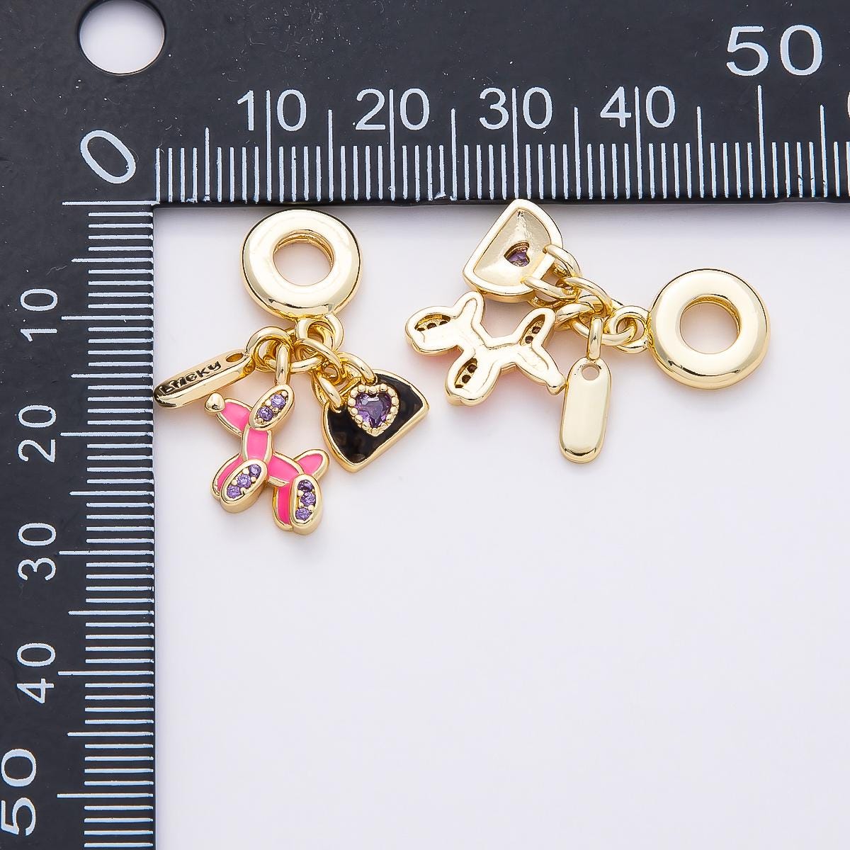 16k Gold Filled 29mm Balloon Dog Charm for Bracelet Lucky Word Tag with Pink Enamel Purse Bead Crystal Fashion Jewelry Supply | CHARMS-00854
