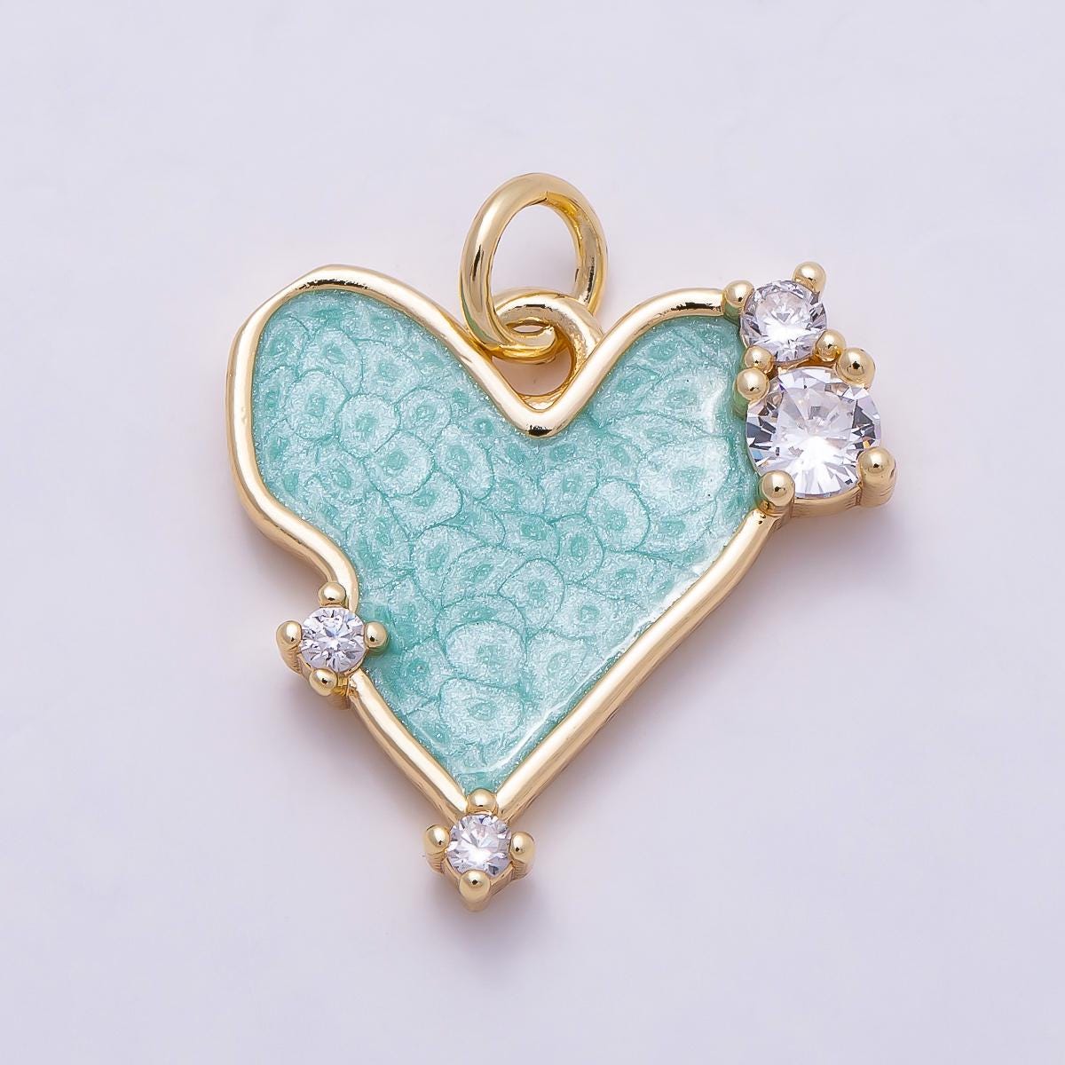 16k Gold Filled 17mm Enamel Heart Charm with Cubic Zirconia Pastel Teal and Pink Love Pendants for Jewelry Making | CHARMS-00934