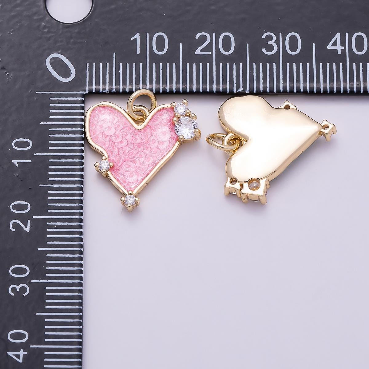 16k Gold Filled 17mm Enamel Heart Charm with Cubic Zirconia Pastel Teal and Pink Love Pendants for Jewelry Making | CHARMS-00934