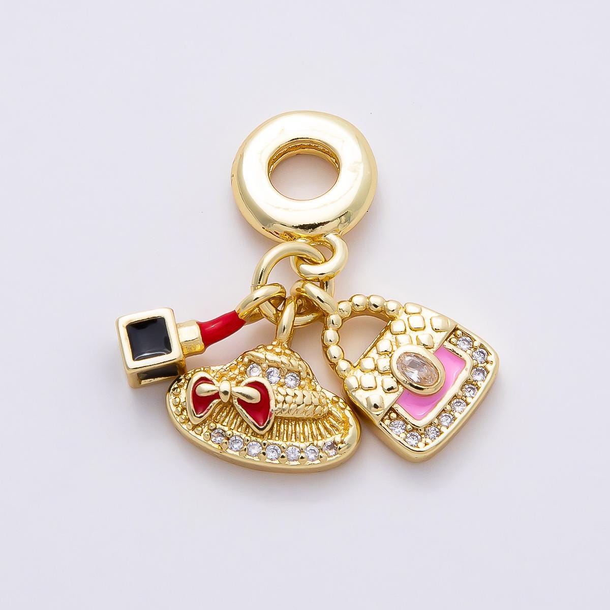 16k Gold Filled 29mm Lipstick Charm for Bracelet Sun Hat Dangle with Pink Purse Bead Fashion Makeup Jewelry Making Supply | CHARMS-00855