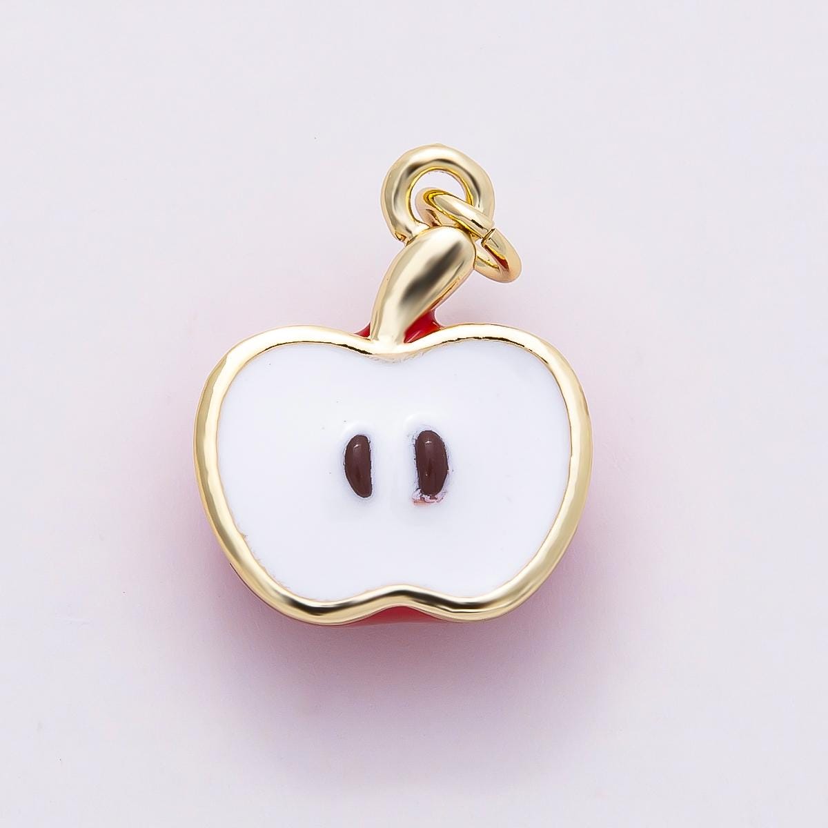 16k Gold Filled 18mm Red Enamel Apple Red Sliced Fruit Pendant Teacher Gift Jewelry Findings DIY Necklace Making Supply | CHARMS-00852