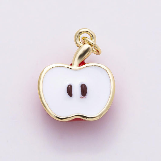 16k Gold Filled 18mm Red Enamel Apple Red Sliced Fruit Pendant Teacher Gift Jewelry Findings DIY Necklace Making Supply | CHARMS-00852