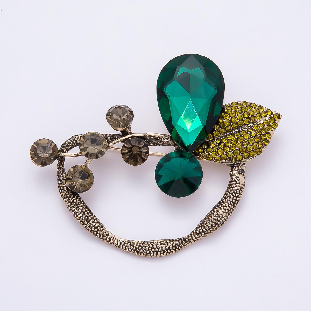 Vintage 75mm Emerald Green Brooch Rhinestone Crystal Pin Botanical Leaf Lapel Pin Fashion Accessory for Coats Bags and Scarf | BH-130