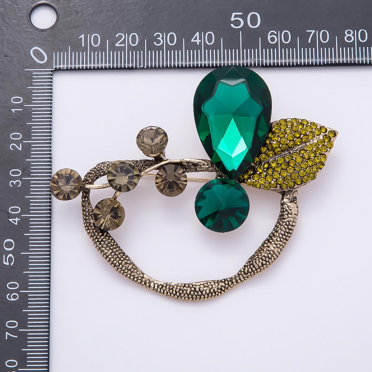 Vintage 75mm Emerald Green Brooch Rhinestone Crystal Pin Botanical Leaf Lapel Pin Fashion Accessory for Coats Bags and Scarf | BH-130