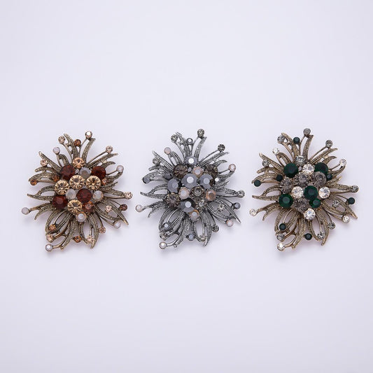 Vintage Crystal Flower Starburst Brooch 66mm Pin Antique Style Lapel Pin Fashion Accessory for Coats Bags and Scarves | BH-133