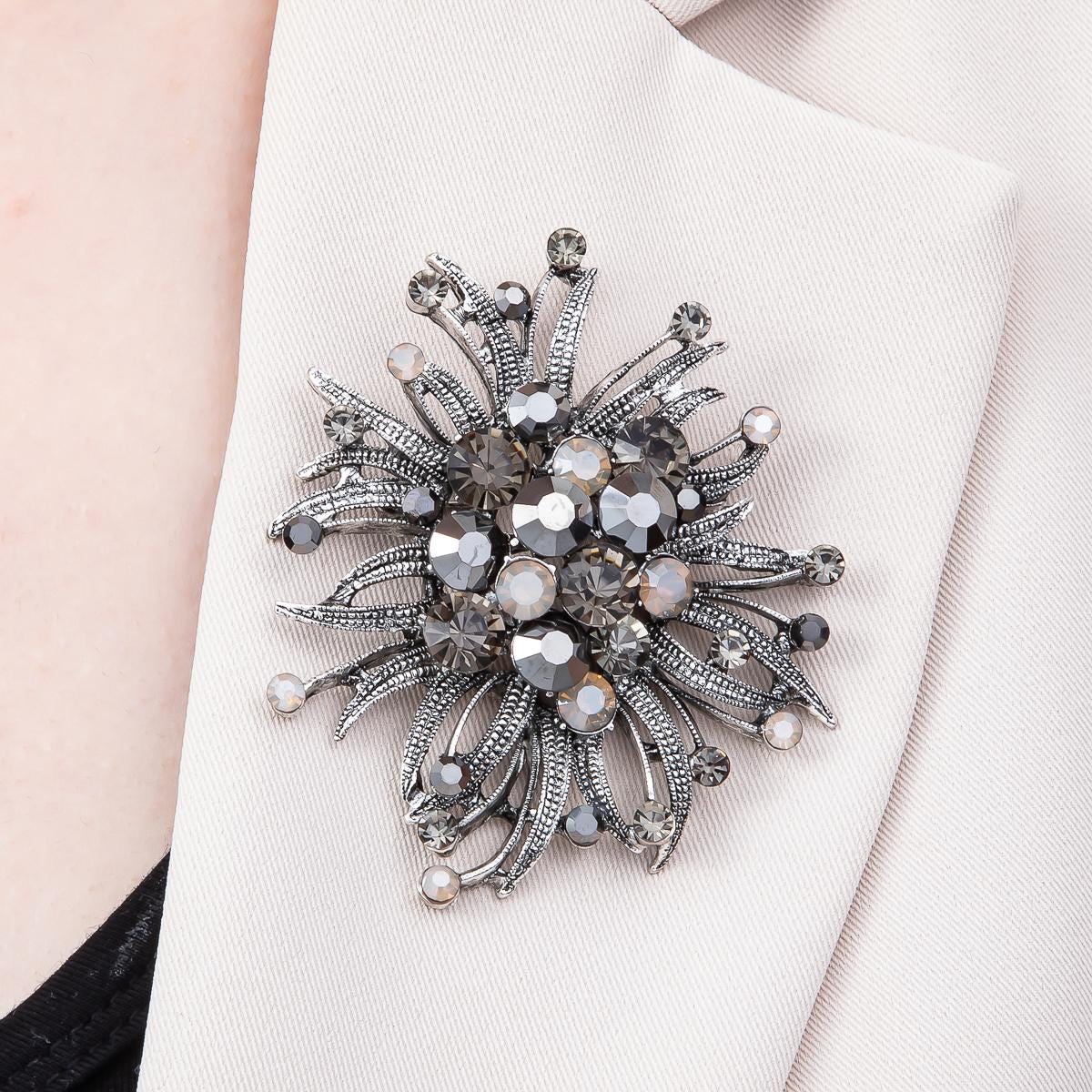 Vintage Crystal Flower Starburst Brooch 66mm Pin Antique Style Lapel Pin Fashion Accessory for Coats Bags and Scarves | BH-133