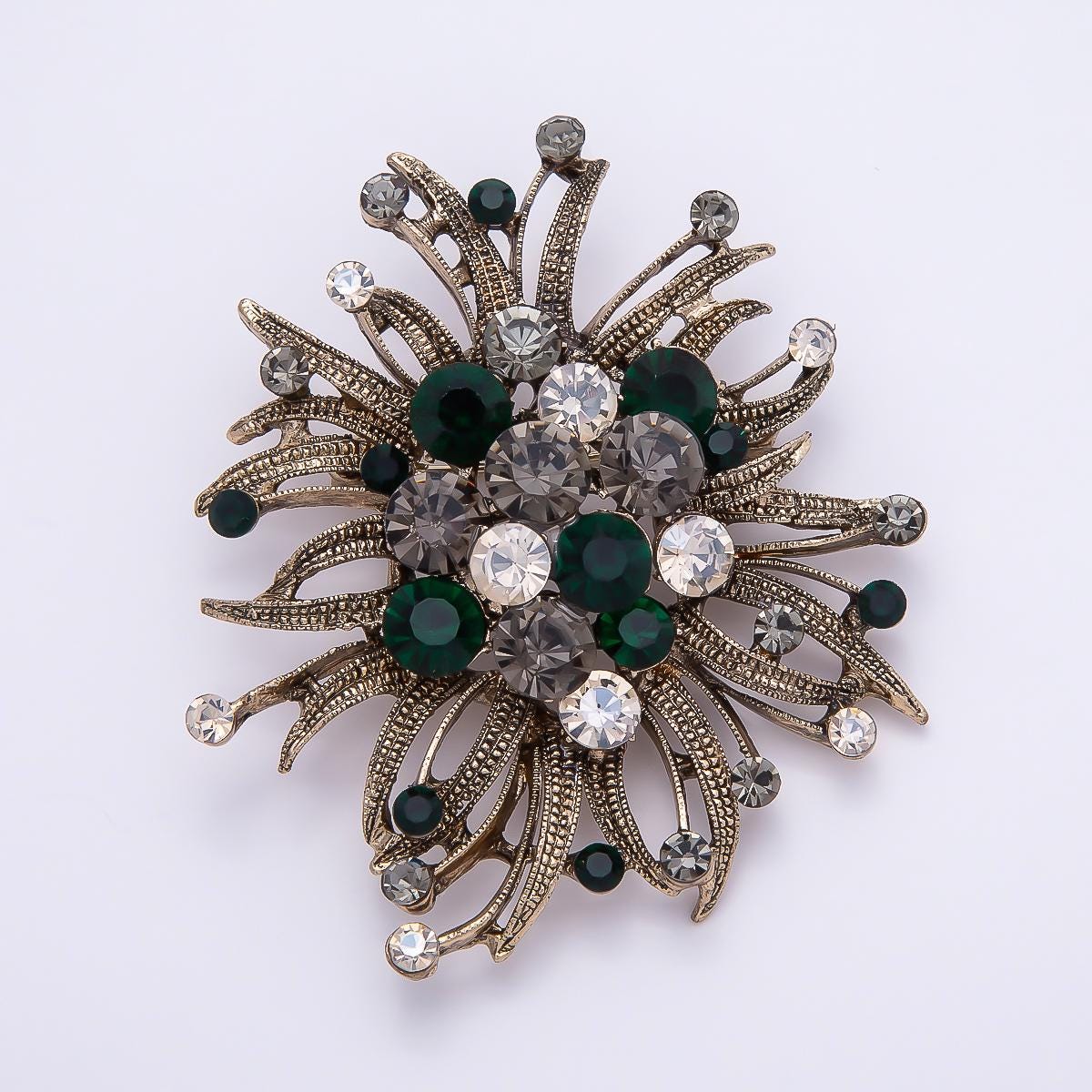 Vintage Crystal Flower Starburst Brooch 66mm Pin Antique Style Lapel Pin Fashion Accessory for Coats Bags and Scarves | BH-133