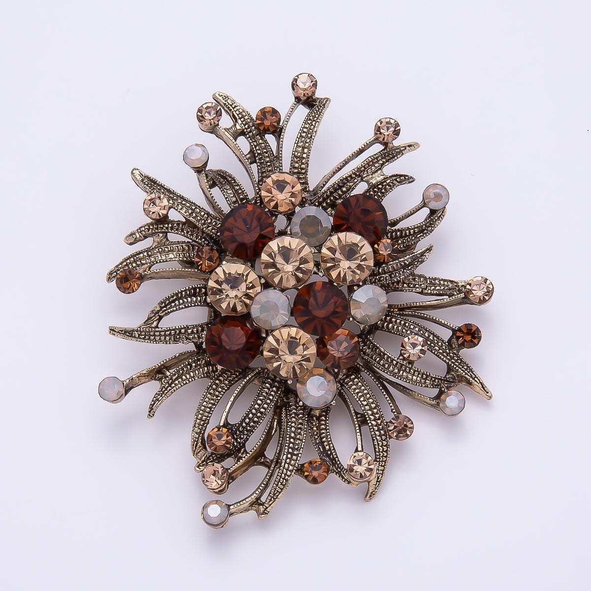 Vintage Crystal Flower Starburst Brooch 66mm Pin Antique Style Lapel Pin Fashion Accessory for Coats Bags and Scarves | BH-133