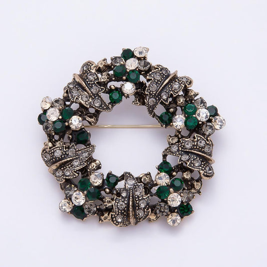 Vintage Wreath Brooch 55mm Emerald Green Rhinestone Lapel Pin in Antique Gold Fashion Accessory for Coats Bags and Scarves | BH-142