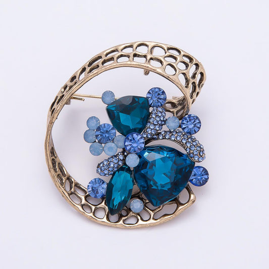Vintage Blue Crystal Brooch 52mm Abstract Floral Gold Teal Rhinestone Lapel Pin Fashion Accessory for Coats Bags and Scarves | BH-146