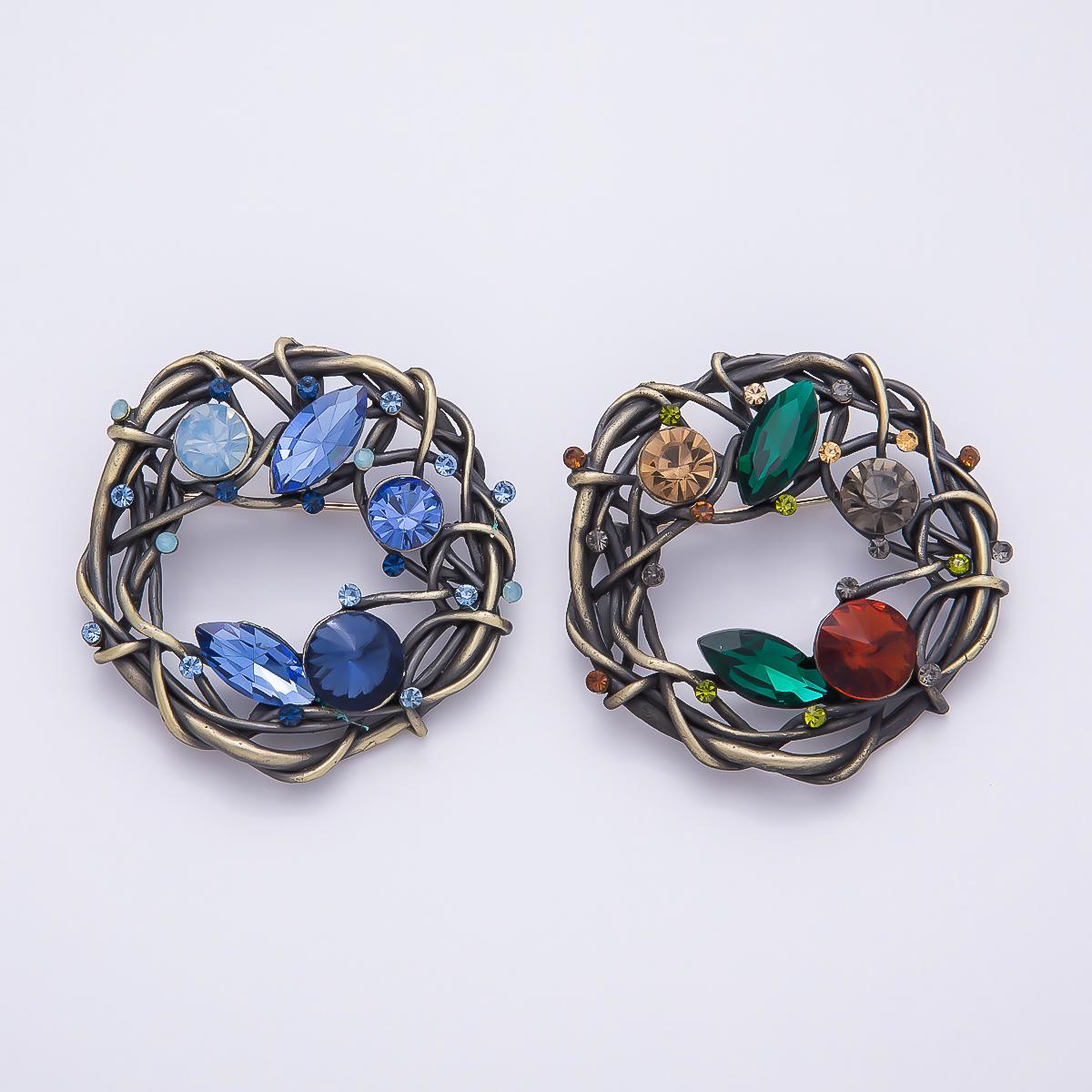 Vintage Crystal Nest Wreath Brooch Blue and Autumn Lapel Pin Fashion Accessory for Coats Bags and Scarves | BH-140