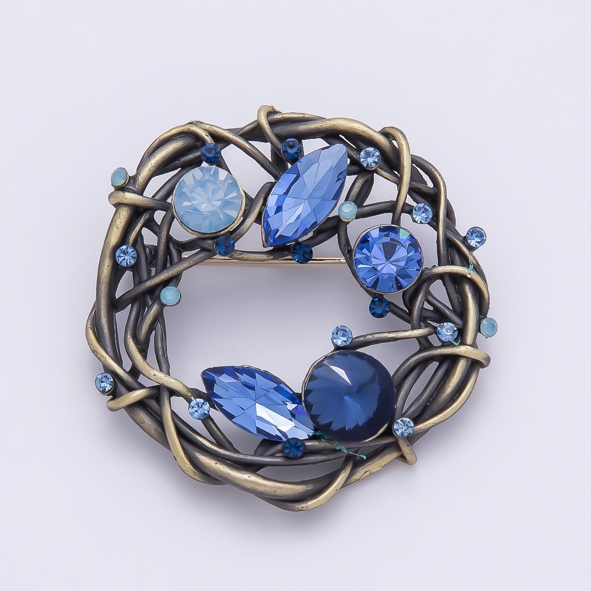 Vintage Crystal Nest Wreath Brooch Blue and Autumn Lapel Pin Fashion Accessory for Coats Bags and Scarves | BH-140