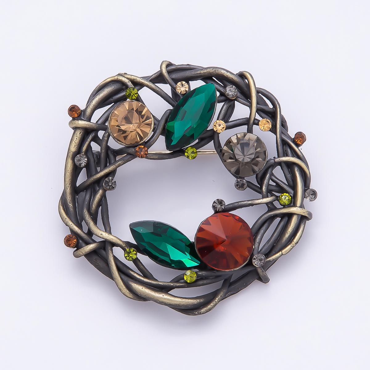 Vintage Crystal Nest Wreath Brooch Blue and Autumn Lapel Pin Fashion Accessory for Coats Bags and Scarves | BH-140