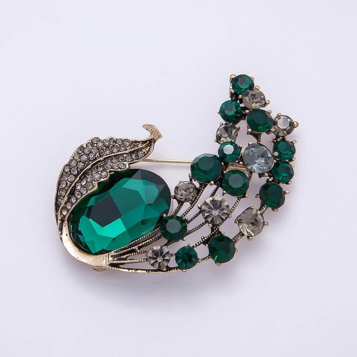 60mm Crystal Feather Peacock Brooch Red and Green Rhinestone Bird Wing Lapel Pin Fashion Accessory for Coats Bags and Scarves | BH-144