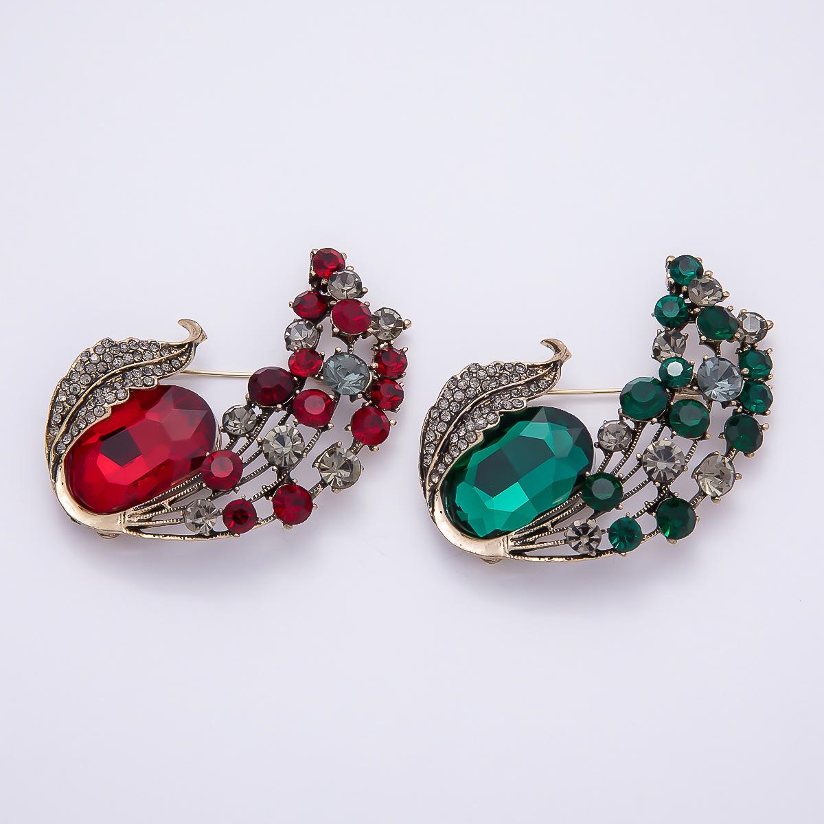 60mm Crystal Feather Peacock Brooch Red and Green Rhinestone Bird Wing Lapel Pin Fashion Accessory for Coats Bags and Scarves | BH-144