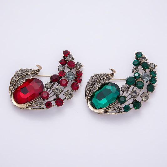 60mm Crystal Feather Peacock Brooch Red and Green Rhinestone Bird Wing Lapel Pin Fashion Accessory for Coats Bags and Scarves | BH-144