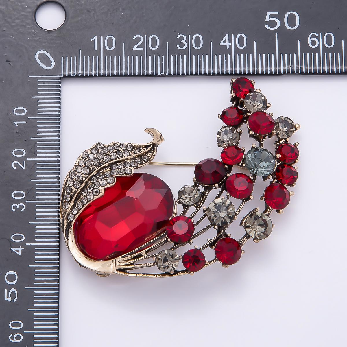 60mm Crystal Feather Peacock Brooch Red and Green Rhinestone Bird Wing Lapel Pin Fashion Accessory for Coats Bags and Scarves | BH-144