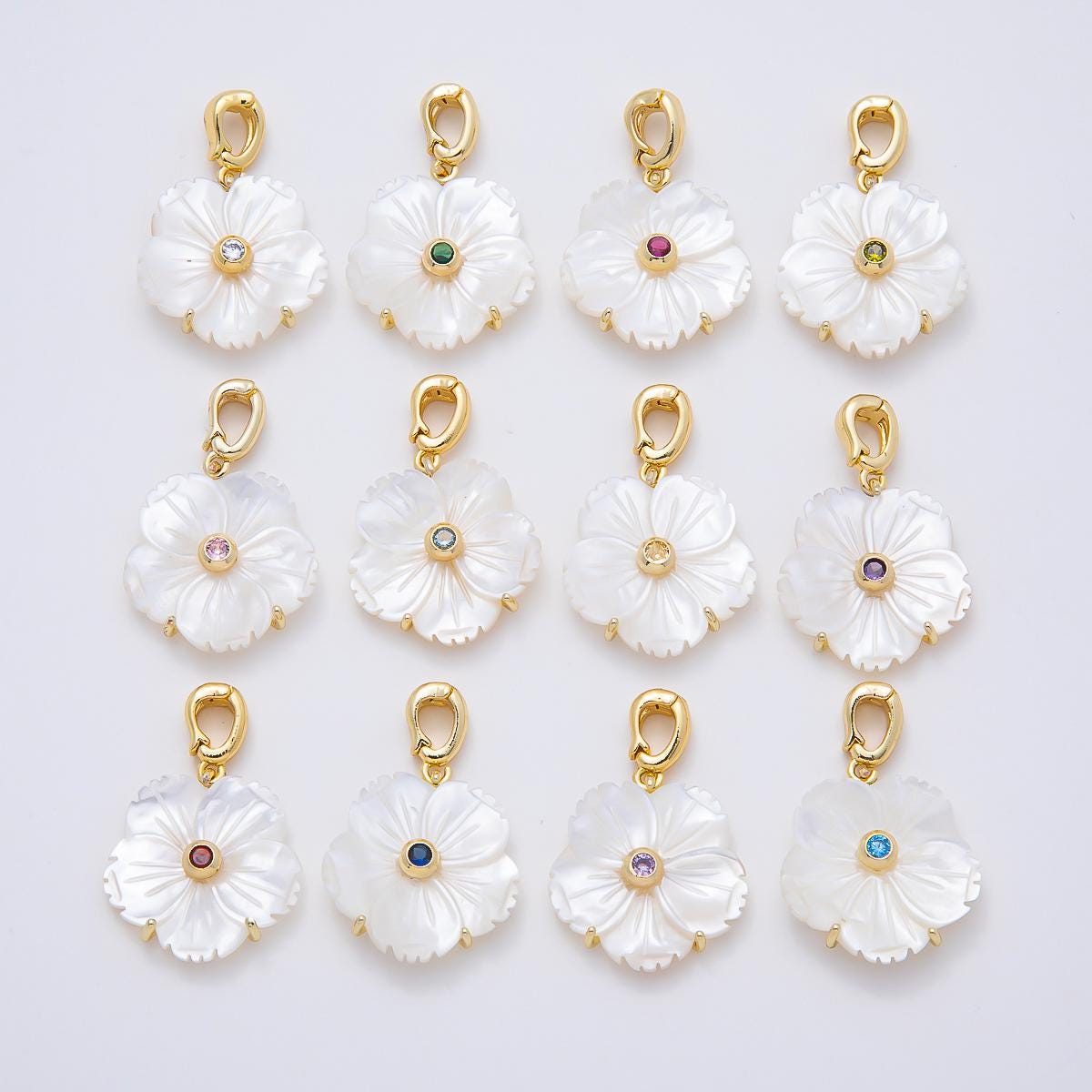 16K Gold Filled 20mm Mother of Pearl Blooming Flower Personal Birthstone Pendant Custom Birth Month Jewelry Charm DIY | Charms-00965