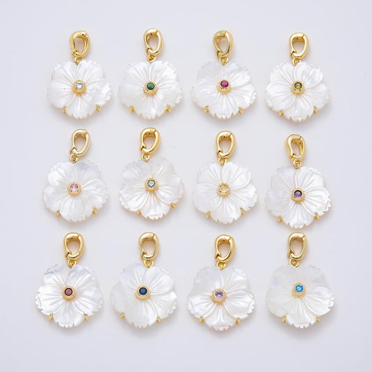 16K Gold Filled 20mm Mother of Pearl Blooming Flower Personal Birthstone Pendant Custom Birth Month Jewelry Charm DIY | Charms-00965