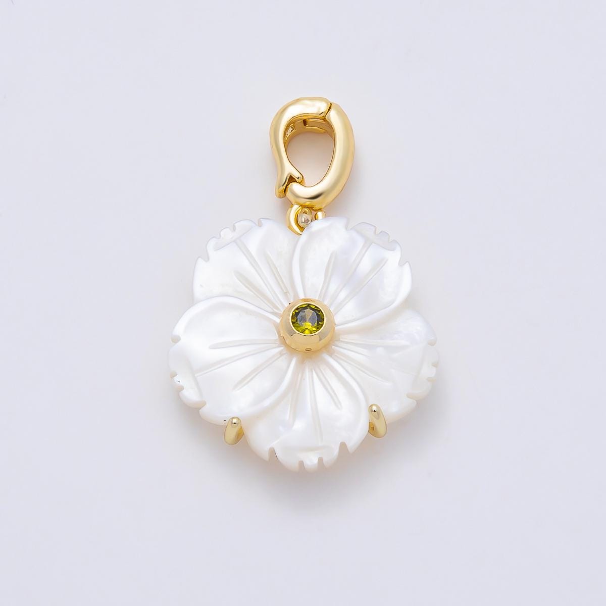 16K Gold Filled 20mm Mother of Pearl Blooming Flower Personal Birthstone Pendant Custom Birth Month Jewelry Charm DIY | Charms-00965