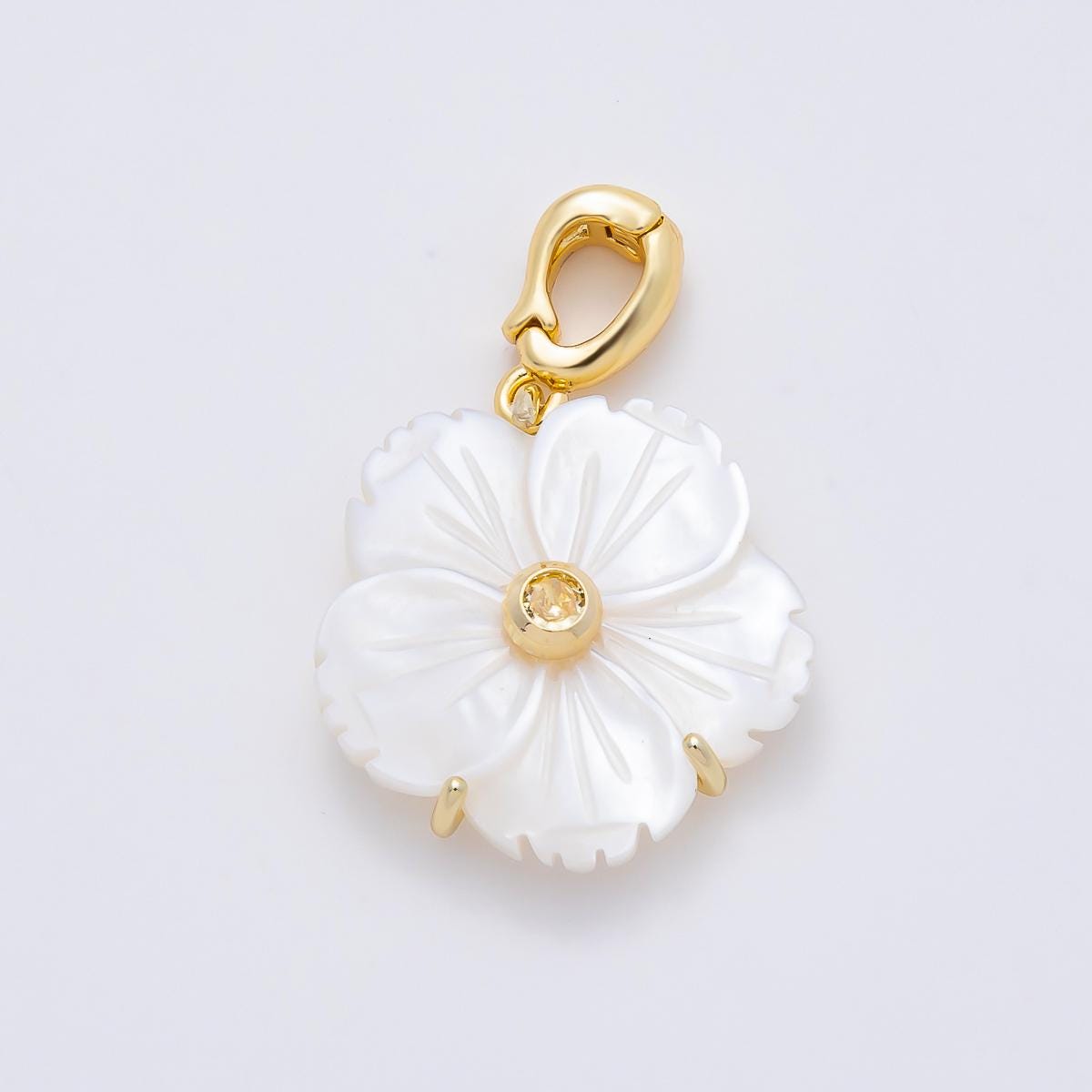 16K Gold Filled 20mm Mother of Pearl Blooming Flower Personal Birthstone Pendant Custom Birth Month Jewelry Charm DIY | Charms-00965