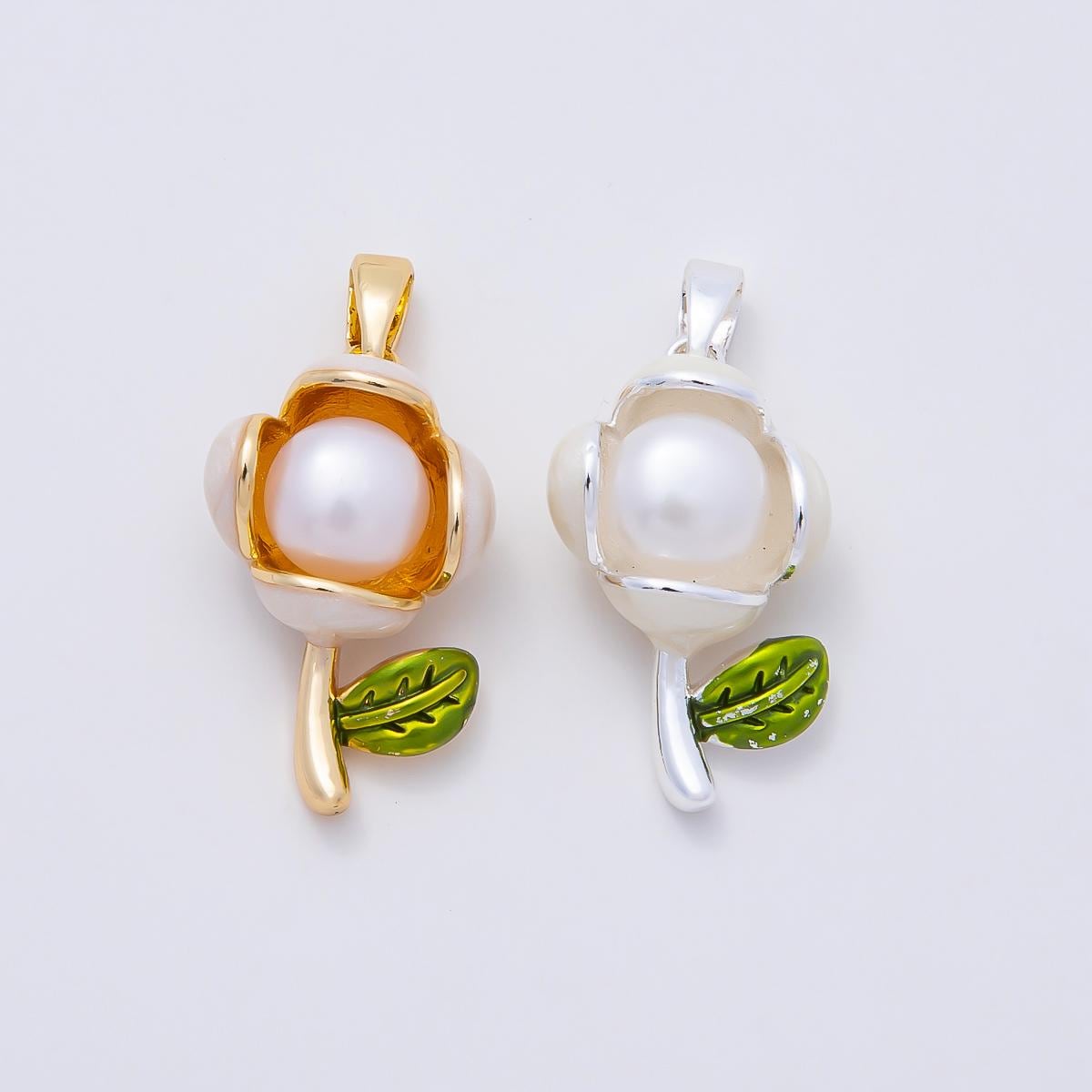 16K Gold Filled 21mm Shell Pearl Enamel Flower Pendant in Gold & Silver Floral Stem Leaf Jewelry Making Supplies for Necklace | Charms-00977