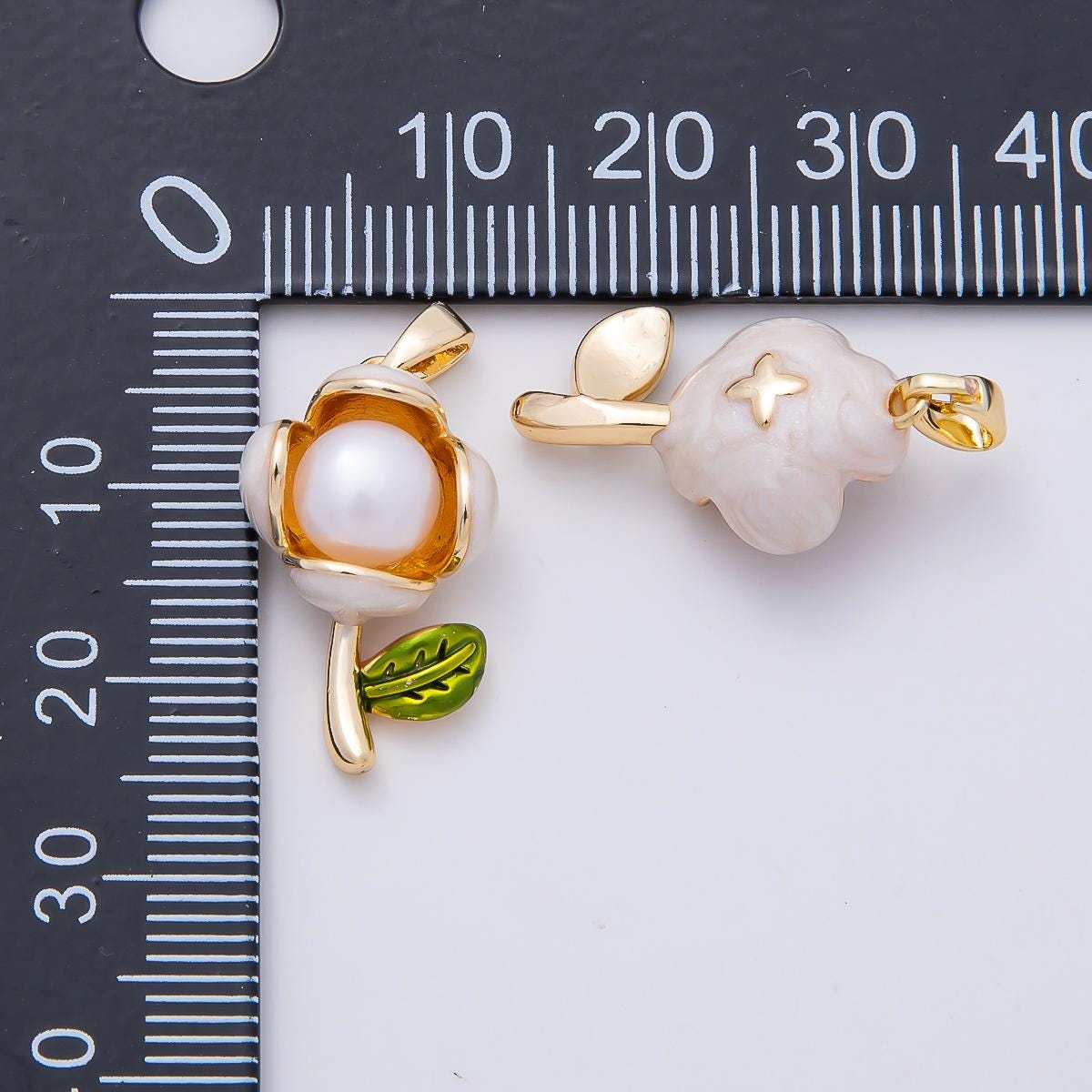 16K Gold Filled 21mm Shell Pearl Enamel Flower Pendant in Gold & Silver Floral Stem Leaf Jewelry Making Supplies for Necklace | Charms-00977