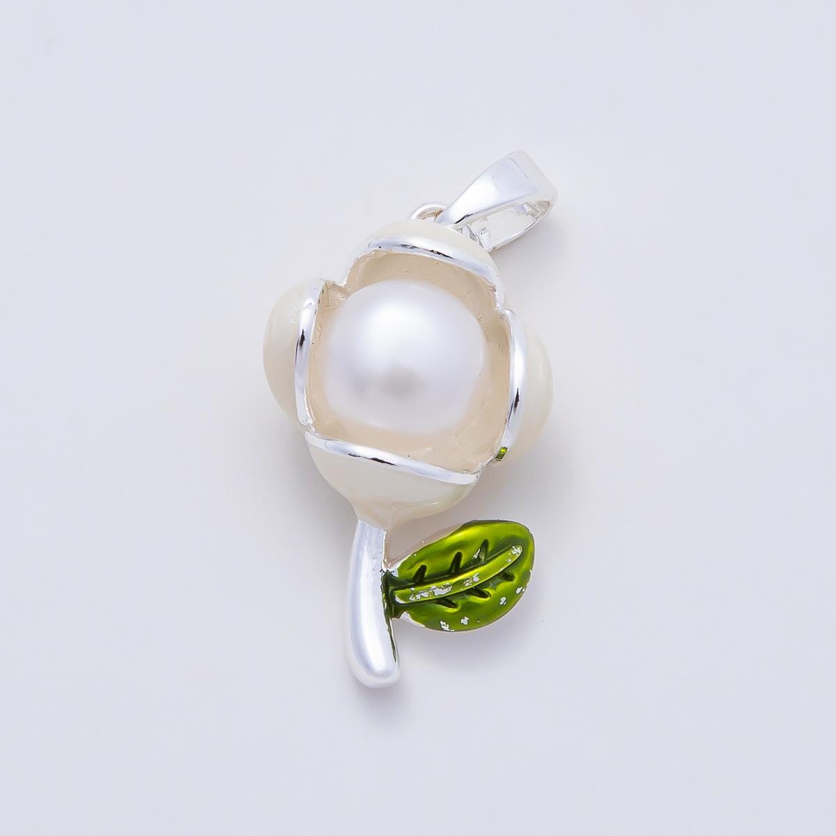 16K Gold Filled 21mm Shell Pearl Enamel Flower Pendant in Gold & Silver Floral Stem Leaf Jewelry Making Supplies for Necklace | Charms-00977