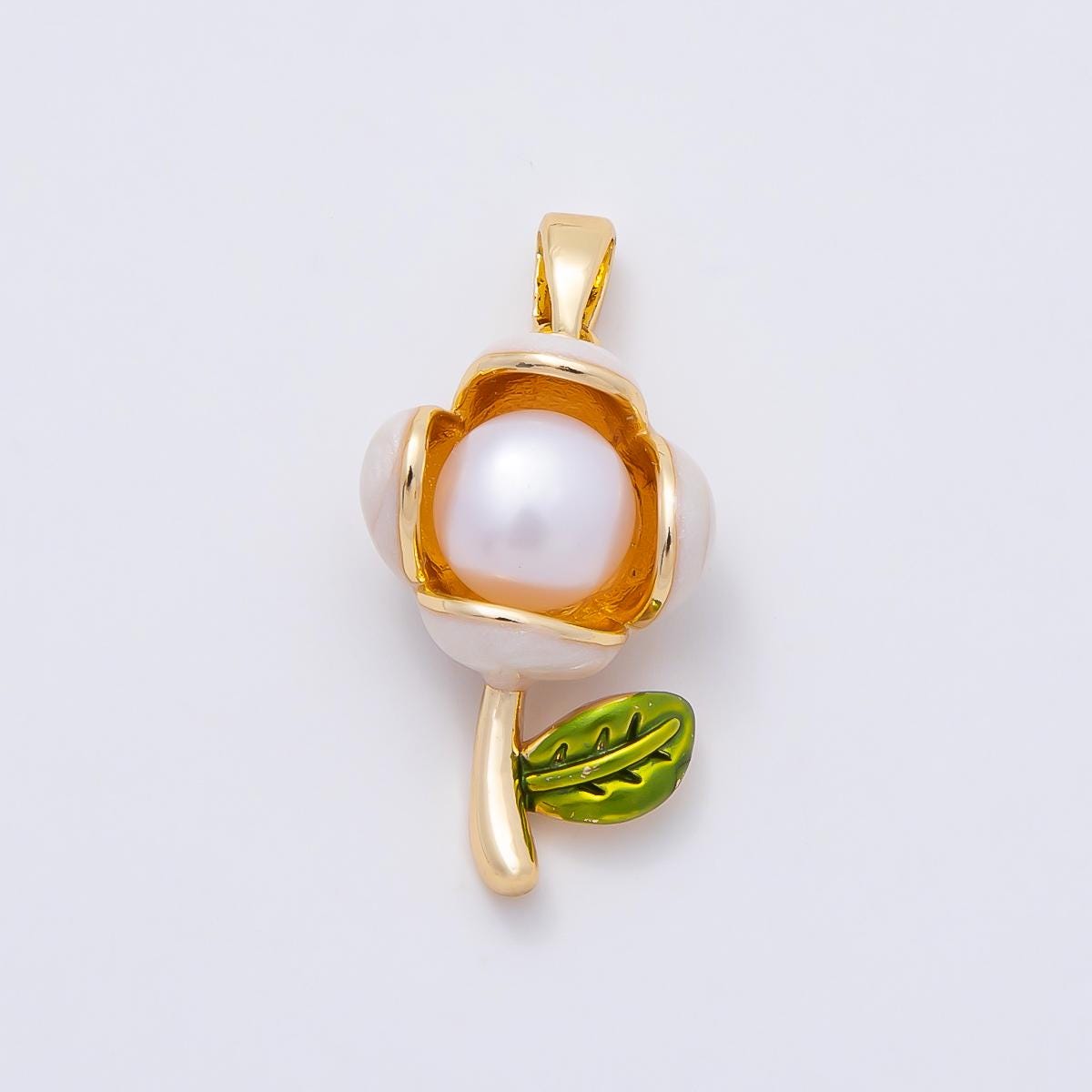 16K Gold Filled 21mm Shell Pearl Enamel Flower Pendant in Gold & Silver Floral Stem Leaf Jewelry Making Supplies for Necklace | Charms-00977