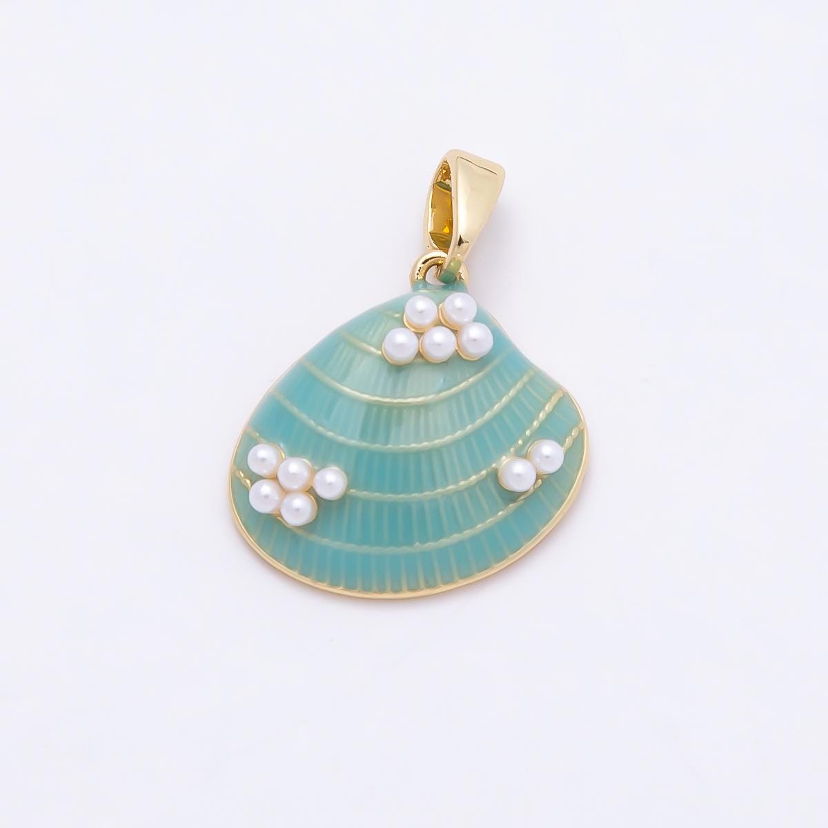 16K Gold Filled 16mm Shell Pearl Blue Enamel Clam Sea Shell Pendant Beach Jewelry DIY for Necklace and Bracelet Making | Charms-00949
