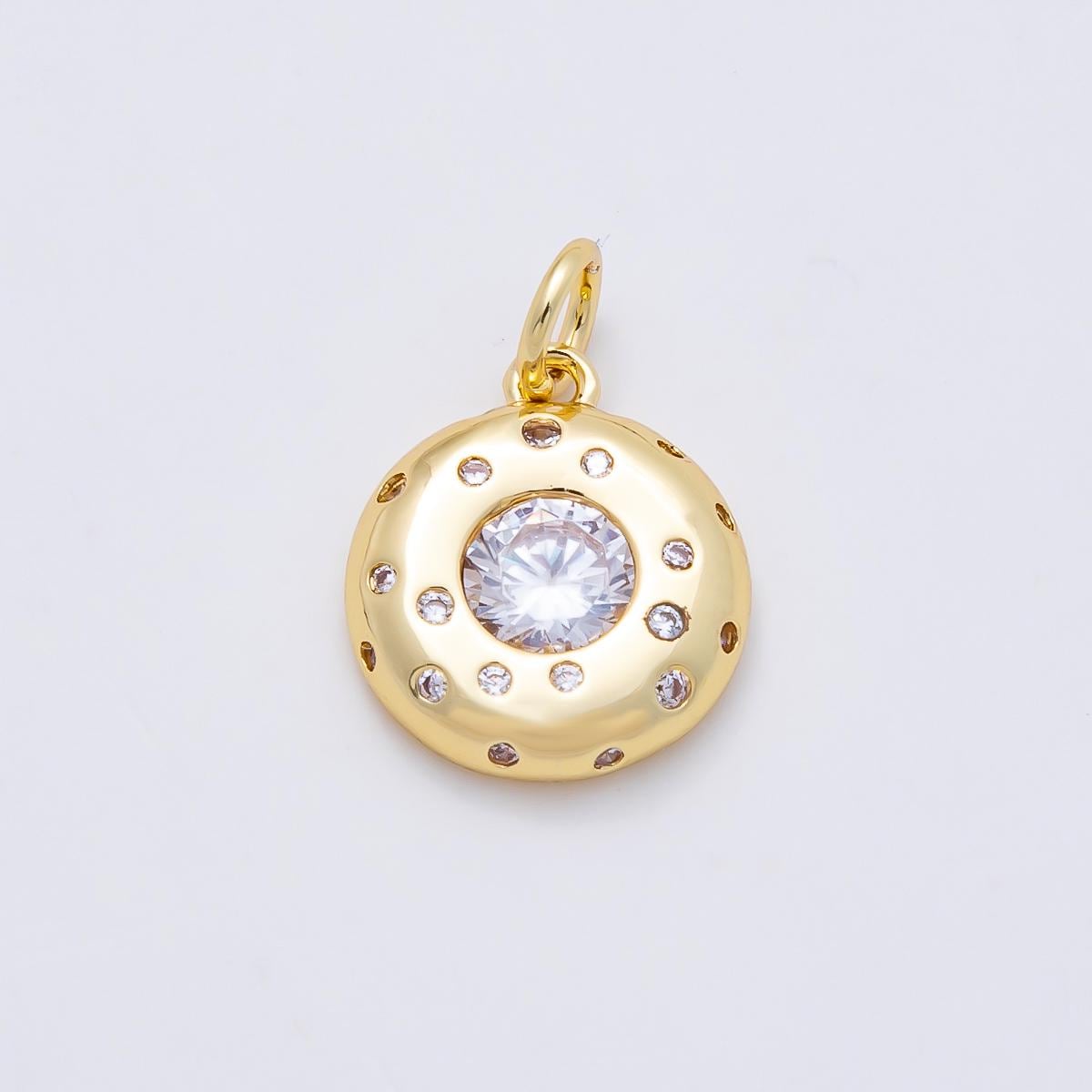 16K Gold Filled 13mm Clear CZ Round Dotted Bezel Charm Solitaire Pendant Dainty Circle Jewelry Making Findings Gift for Her | Charms-00979