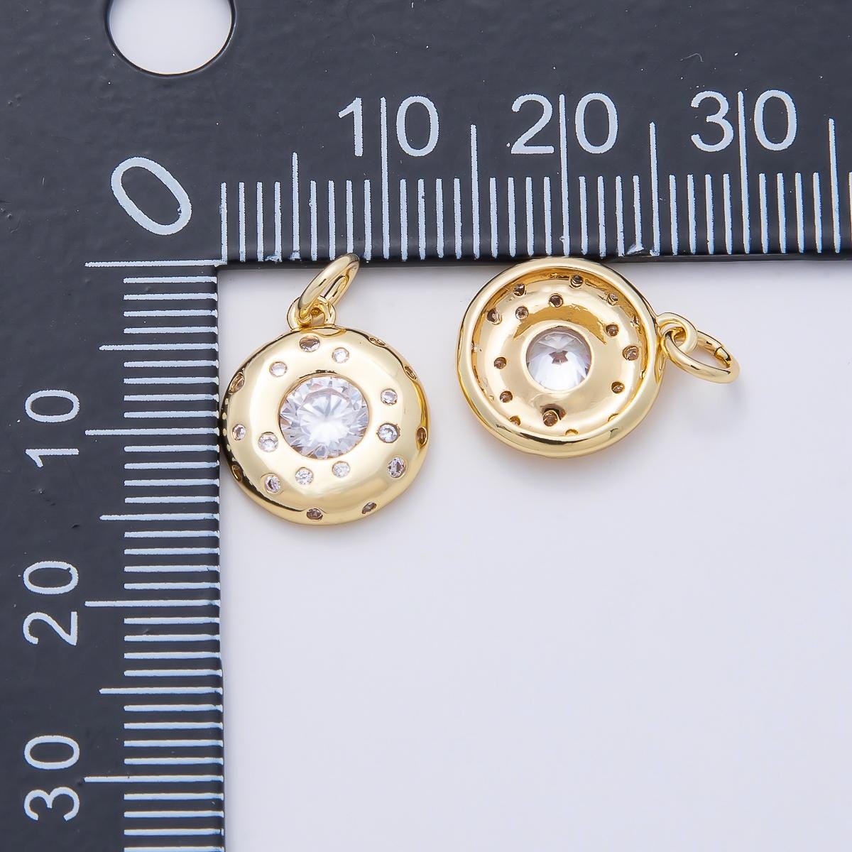 16K Gold Filled 13mm Clear CZ Round Dotted Bezel Charm Solitaire Pendant Dainty Circle Jewelry Making Findings Gift for Her | Charms-00979
