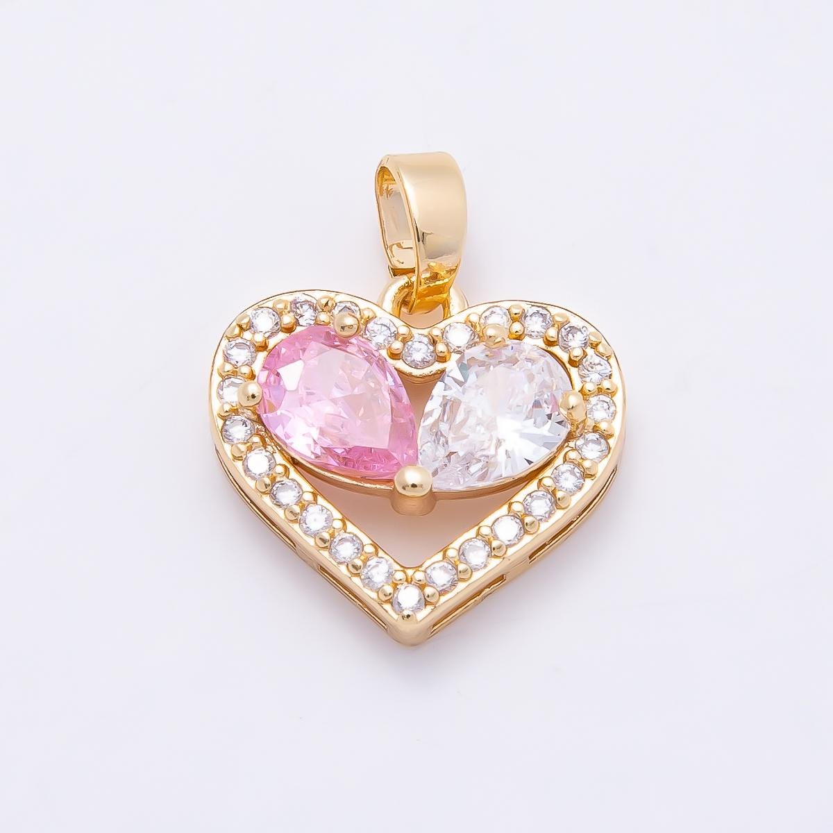 16K Gold Filled 15mm Pink Clear Micro Paved CZ Teardrop Open Heart Pendant Romantic Gift for Her DIY Anniversary Jewelry | Charms-01043