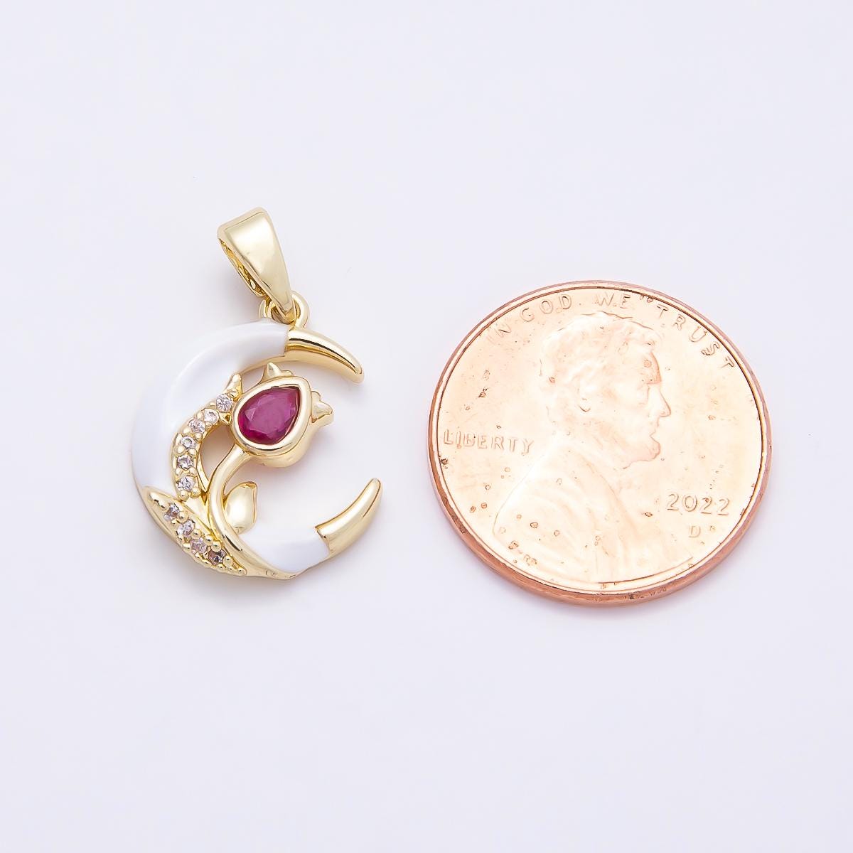 16K Gold Filled 17mm Fuchsia CZ Micro Paved Flower White Crescent Moon Pendant Witchy Celestial Gift DIY Necklace Supply | Charms-00947