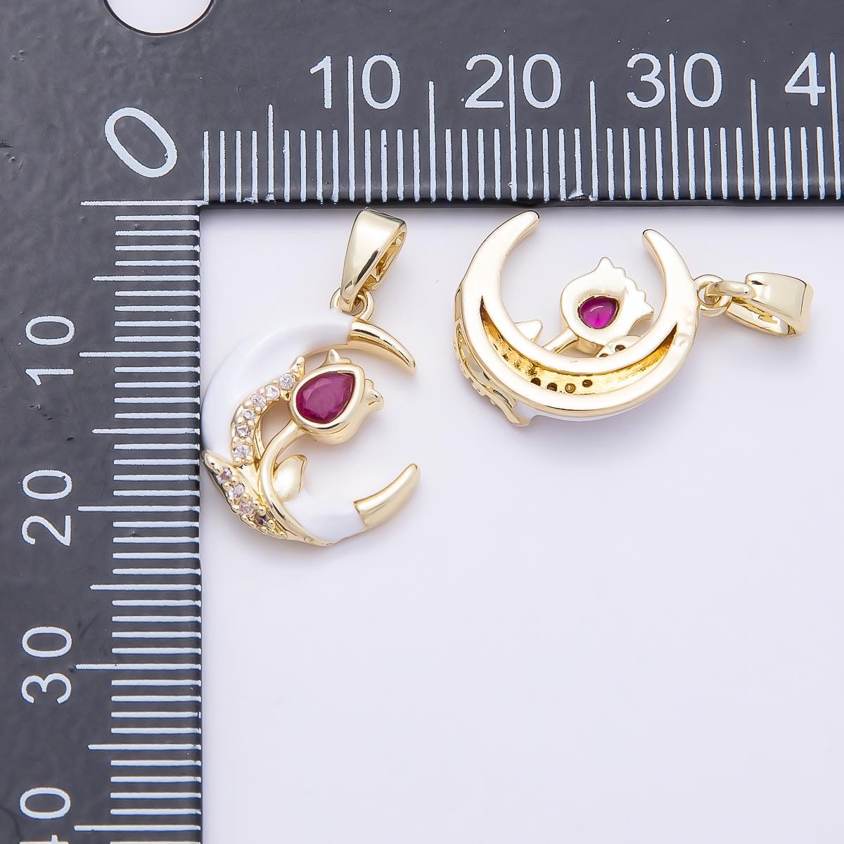 16K Gold Filled 17mm Fuchsia CZ Micro Paved Flower White Crescent Moon Pendant Witchy Celestial Gift DIY Necklace Supply | Charms-00947