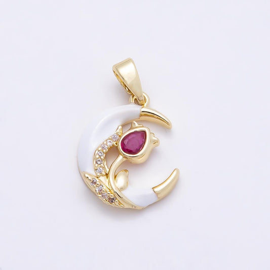 16K Gold Filled 17mm Fuchsia CZ Micro Paved Flower White Crescent Moon Pendant Witchy Celestial Gift DIY Necklace Supply | Charms-00947
