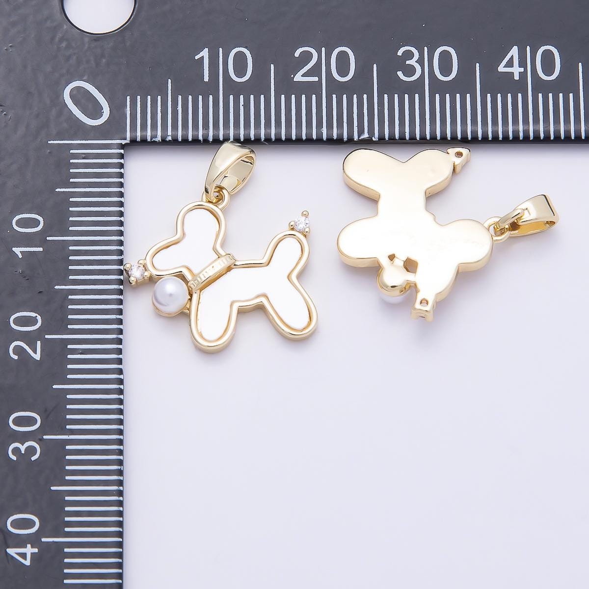 16K Gold Filled 18mm Shell Pearl Clear CZ Balloon Dog Animal Pendant Collar Charm Gift for Puppy Lover DIY Supply | Charms-00948
