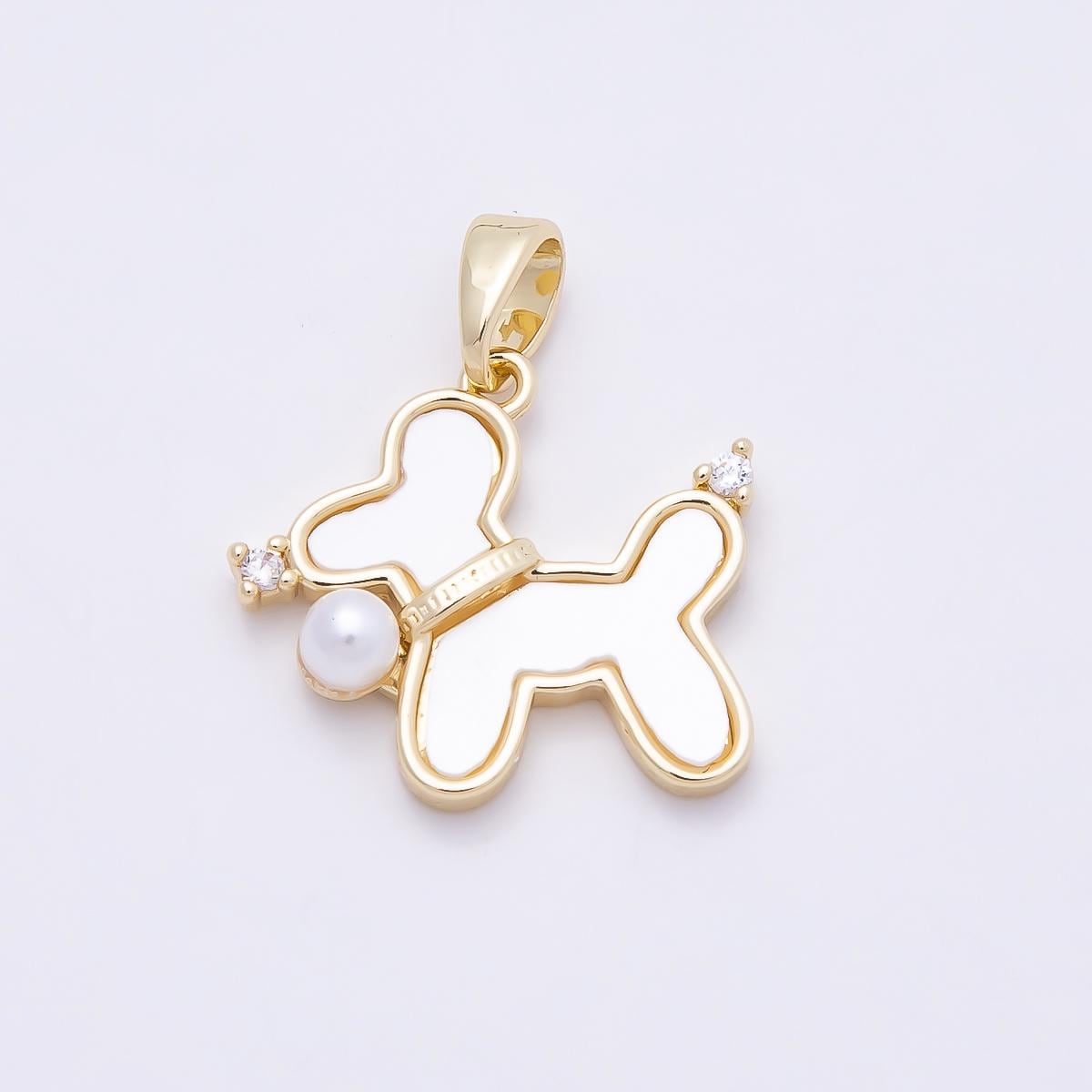 16K Gold Filled 18mm Shell Pearl Clear CZ Balloon Dog Animal Pendant Collar Charm Gift for Puppy Lover DIY Supply | Charms-00948