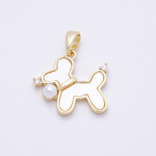 16K Gold Filled 18mm Shell Pearl Clear CZ Balloon Dog Animal Pendant Collar Charm Gift for Puppy Lover DIY Supply | Charms-00948