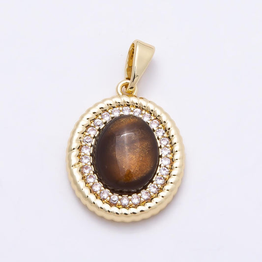 16K Gold Filled 18mm Tiger Eye Cabochon Micro Paved CZ Croissant Bezel Oval Pendant Timeless Brown Charm Vintage Style Gift | Charms-00952