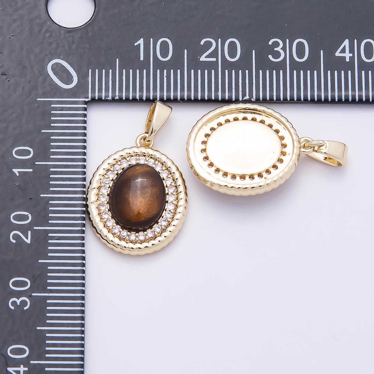 16K Gold Filled 18mm Tiger Eye Cabochon Micro Paved CZ Croissant Bezel Oval Pendant Timeless Brown Charm Vintage Style Gift | Charms-00952