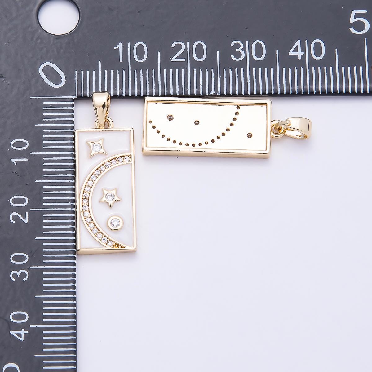 16K Gold Filled 24mm Micro Paved CZ White Enamel Celestial Moon Star Rectangular Tag Pendant DIY Jewelry Making Supply | Charms-00953