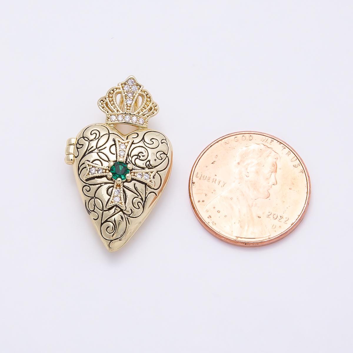 16K Gold Filled 28mm Green CZ Micro Paved Passion Cross Engraved Heart Crown Locket Pendant Sacred Royal Love Charm DIY | Charms-01034